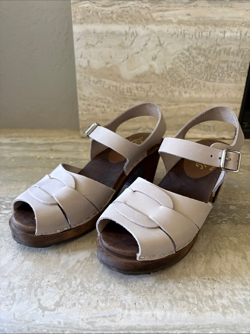Lotta From Stockholm High Heel Peep Toe Clogs w/ Brown Wood Base - size 39